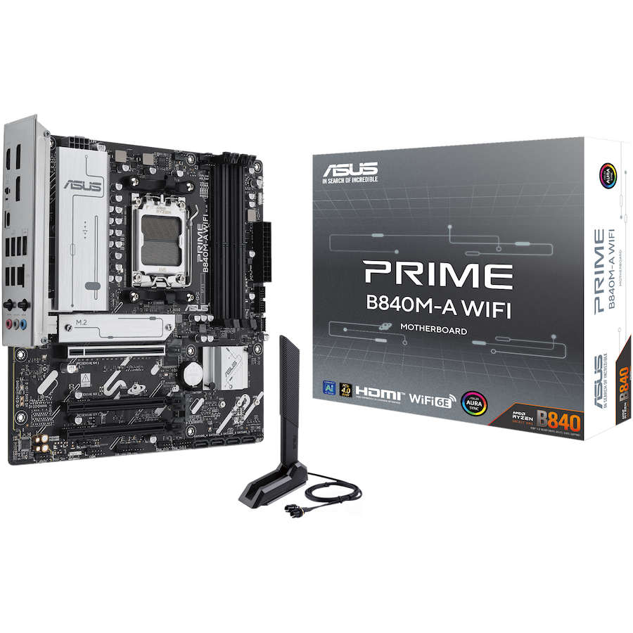 ASUS PRIME B840M-A WIFI AM5 mATX osnovna plošča - AMD B840, 4xDDR5, 3xM.2, 4xSATA, 2.5Gb LAN, WiFi 6E, BT, 2xDP, 1xHDMI, Aura Sync - 90MB1J20-M0EAY0-A