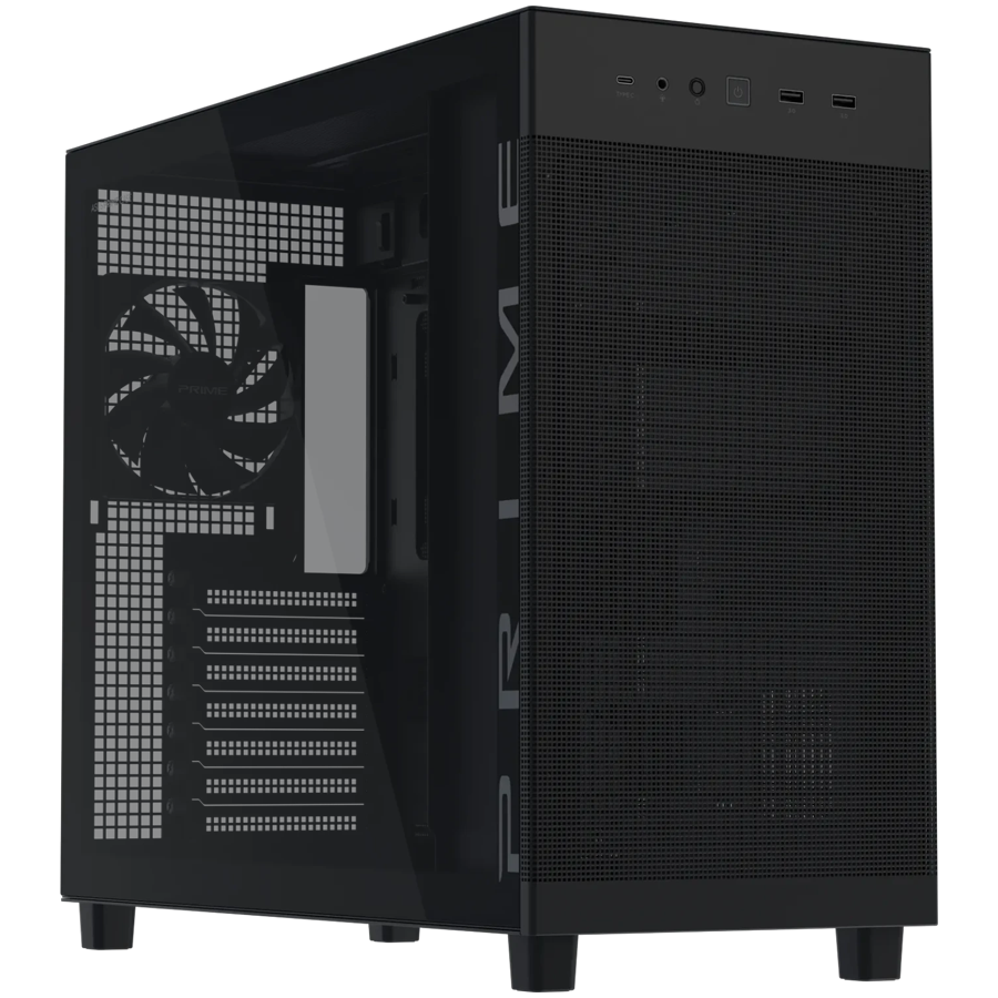 ASUS Prime AP303 TG ATX računalniško ohišje, kaljeno steklo, 120mm ventilator, črno - 90DC00V0-B39010-A