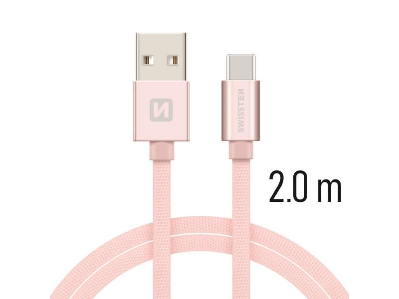 SWISSTEN kabel USB/USB-C, platneni, 3A, 2m, rozo/zlatni - 03080058