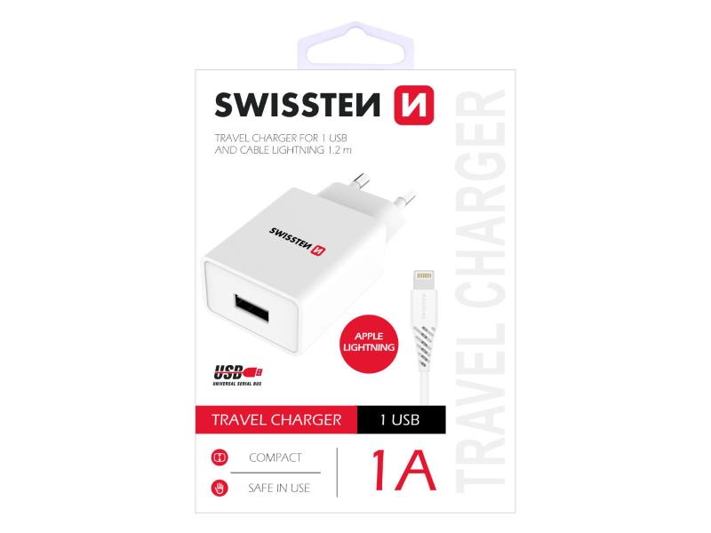 SWISSTEN punjač za AC220, 1xUSB, 1A, bijeli + LIGHTNING kabel - 03100004