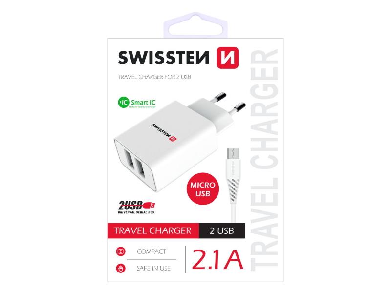 SWISSTEN punjač za AC220, 2xUSB, 2.1A, SMART IC, bijeli+ microUSB kabel - 03100008