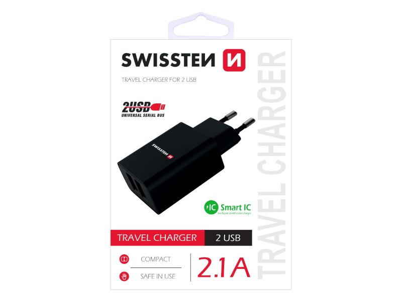 SWISSTEN punjač za AC220, 2xUSB, 2.1A, SMART IC, crni + LIGHTNING MFI kabel - 03100010