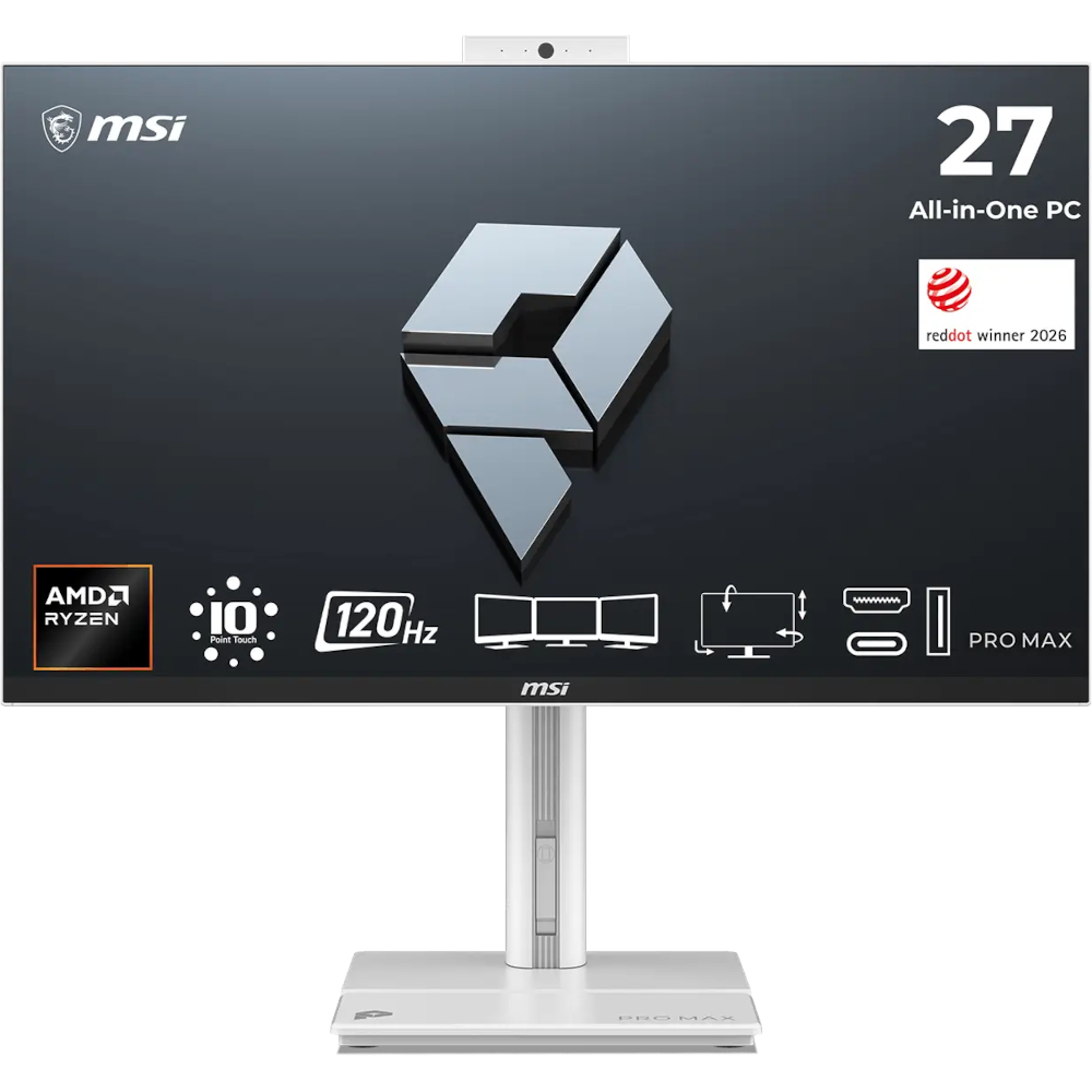 All-in-One računalo MSI PRO MAX 27TP Z 8MG Ryzen 7 / 16 GB / 512 GB SSD / 27" FHD / Touchscreen / IPS / 120Hz / 5MP Webcam / Windows 11 Pro (bijelo)