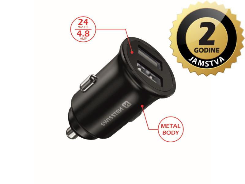 SWISSTEN punjač za auto, 2xUSB, 4.8A, 12-24V, metalic, crni - 03110001