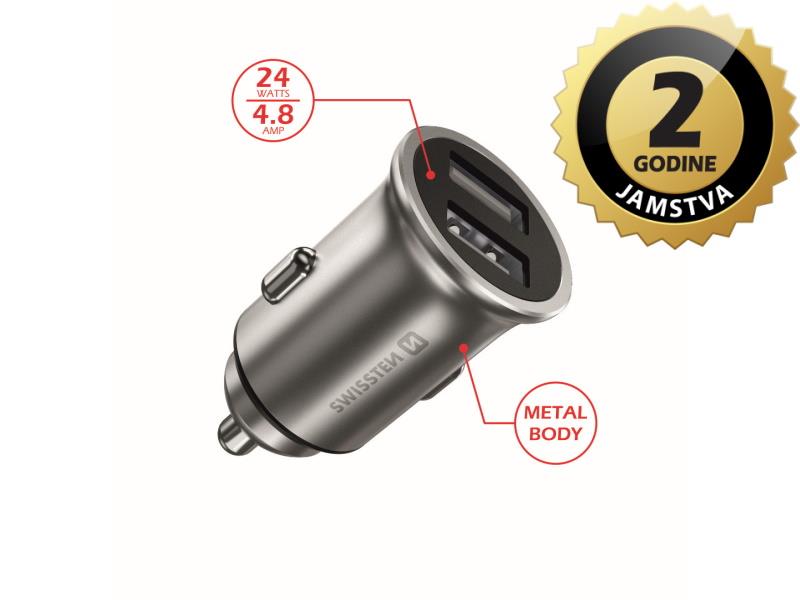 SWISSTEN punjač za auto, 2xUSB, 4.8A, 12-24V, metalic, srebrni - 03110002