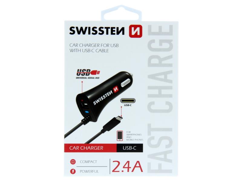SWISSTEN punjač za auto, 1xUSB-C, 1xUSB + USB-C kabel, crni - 03110005