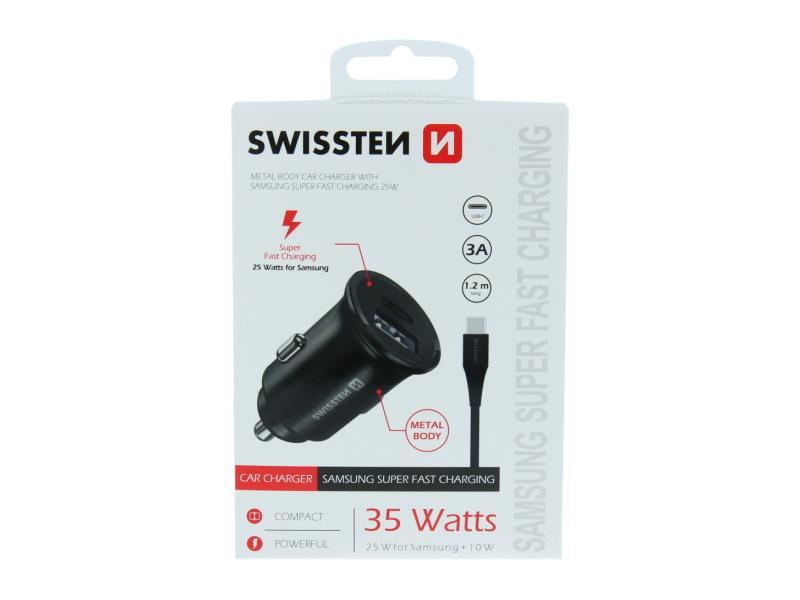 SWISSTEN punjač za auto, 1xUSB-C, 1xUSB, CL PRO Supe Fast 35W + USB-C kabel 1.2m - 03110003
