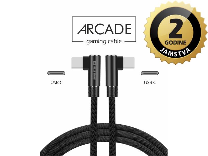 SWISSTEN kabel Arcade USB-C/USB-C, 3A, 1.2m, L-konektor, crni - 03080094