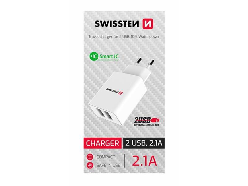 SWISSTEN punjač za AC220, 2xUSB, 2.1A, SMART IC, bijeli, BOX - 03100035