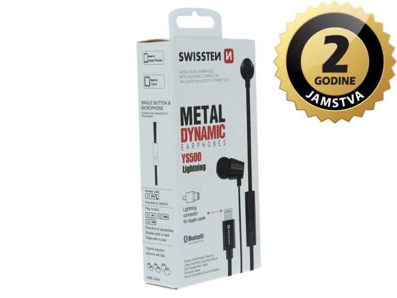 SWISSTEN slušalice + mikrofon, Lightning, In-ear, metalne, crne DYNAMIC YS500 - 05180117