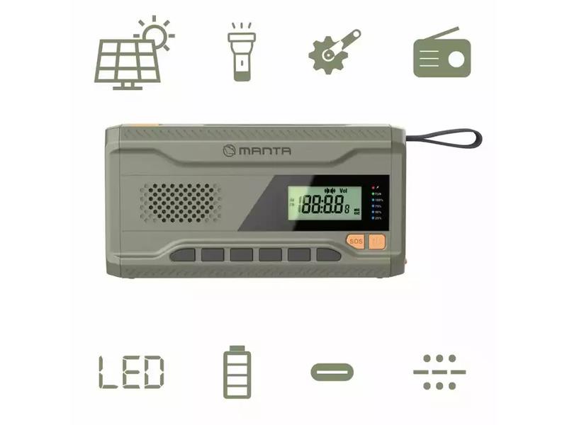 MANTA radio FM, AM, 3W, solarno+ručica+baterija+USB-C napajanje DYNAMO RDI401G - 05100082