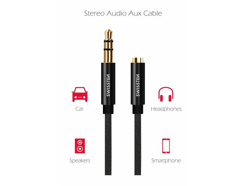 SWISSTEN kabel audio, platneni 3,5mm (muški)/3,5mm (ženski), 1.5m, crni - 03080108