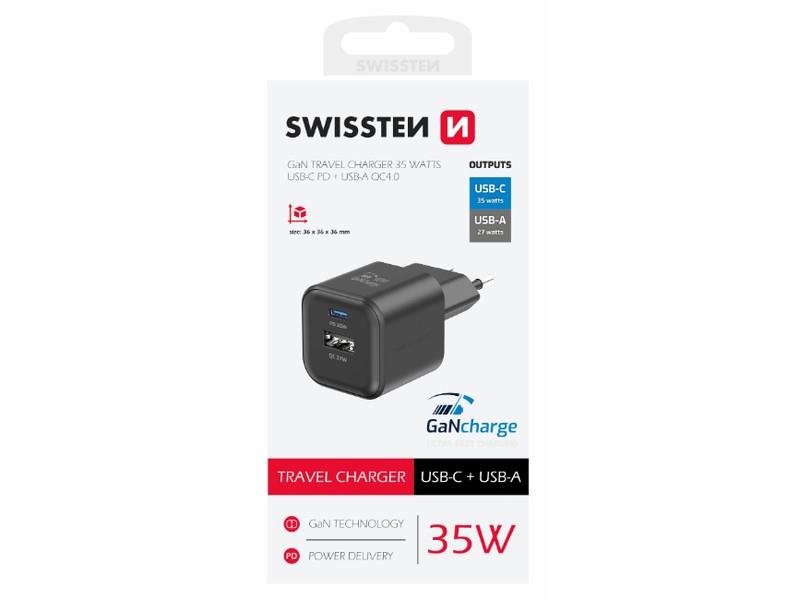 SWISSTEN punjač za AC220, GaN, 35W, 1xUSB-C, 1xUSB-A, 1A, crni - 03100044