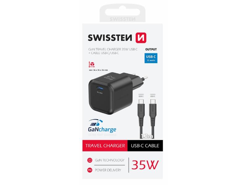 SWISSTEN punjač za AC220, GaN, 1xUSB-C, 35W, 3A, crni + USB-C kabel - 03100045