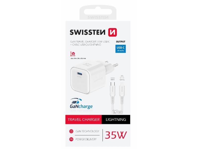 SWISSTEN punjač za AC220, GaN, 35W, 1xUSB-C, 3A, bijeli + Lightning kabel - 03100046