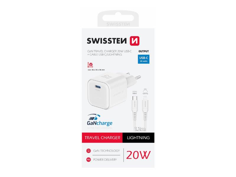 SWISSTEN punjač za AC220, GaN, 20W, 1xUSB-C, 3A, bijeli + Lightning kabel - 03100049