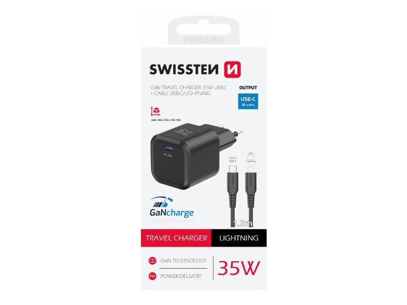 SWISSTEN punjač za AC220, GaN, 35W, 1xUSB-C, 3A, crni + Lightning kabel - 03100050