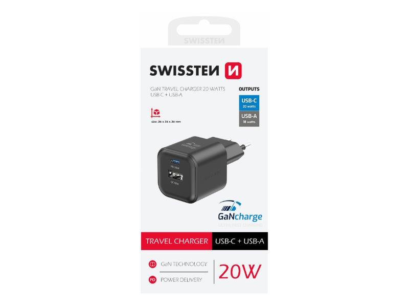SWISSTEN punjač za AC220, GaN, 20W, 1xUSB-C, 1xUSB-A, 3A, crni - 03100051