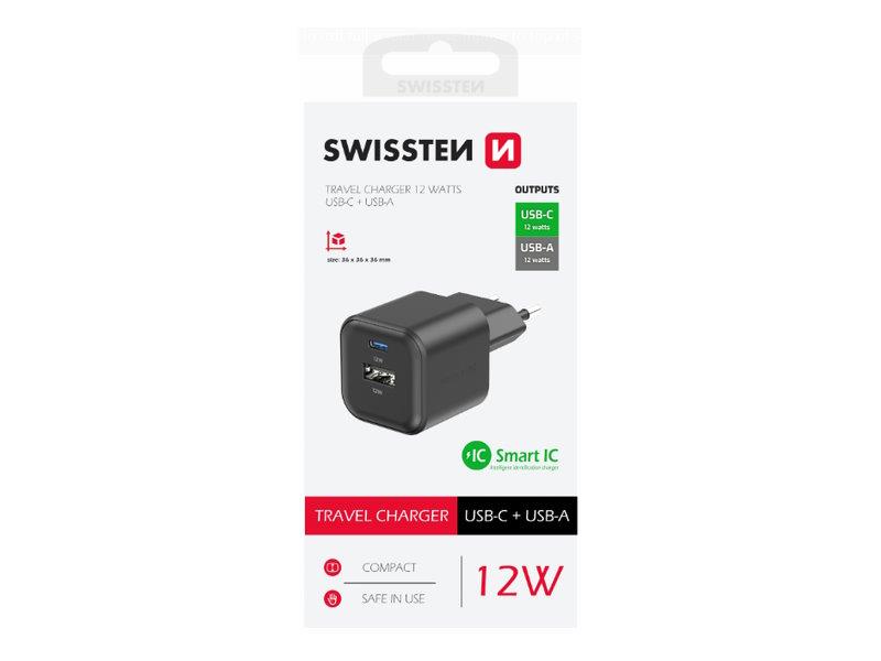 SWISSTEN punjač za AC220, 12W, 1xUSB-C, 1xUSB-A, Smart IC, 2.4A, crni - 03100053
