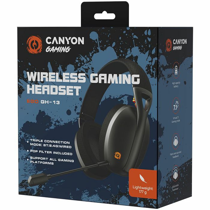 CANYON Ego GH-13, Gaming BT headset, +virtual 7.1 support in 2.4G mode, with chipset BK3288X, BT version 5.2, cable 1.8M, size: 198x184x79mm, Black