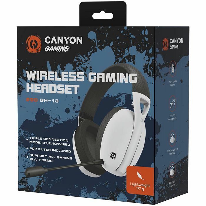 CANYON Ego GH-13, Gaming BT headset, +virtual 7.1 support in 2.4G mode, with chipset BK3288X, BT version 5.2, cable 1.8M, size: 198x184x79mm, White