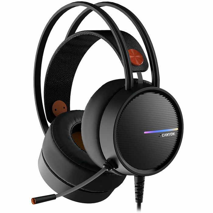 CANYON INTERCEPTOR GH-8A, Gaming headset 3.5mm jack plus USB connector for LED backlight, adjustable microphone and volume control, with 2in1 3.5mm adapter, cable 2M, Black and Orange, 0.36kg