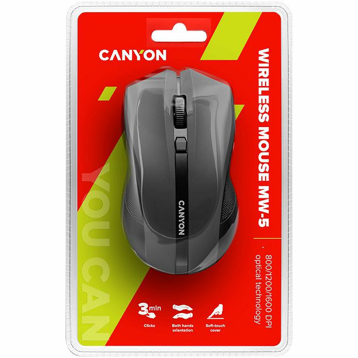 CANYON MW-5 2.4GHz wireless Optical Mouse with 4 buttons, DPI 800/1200/1600, Black, 122*69*40mm, 0.067kg