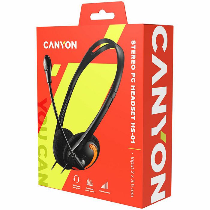 CANYON PC headset with microphone, volume control and adjustable headband, cable 1.8M, Black/Orange