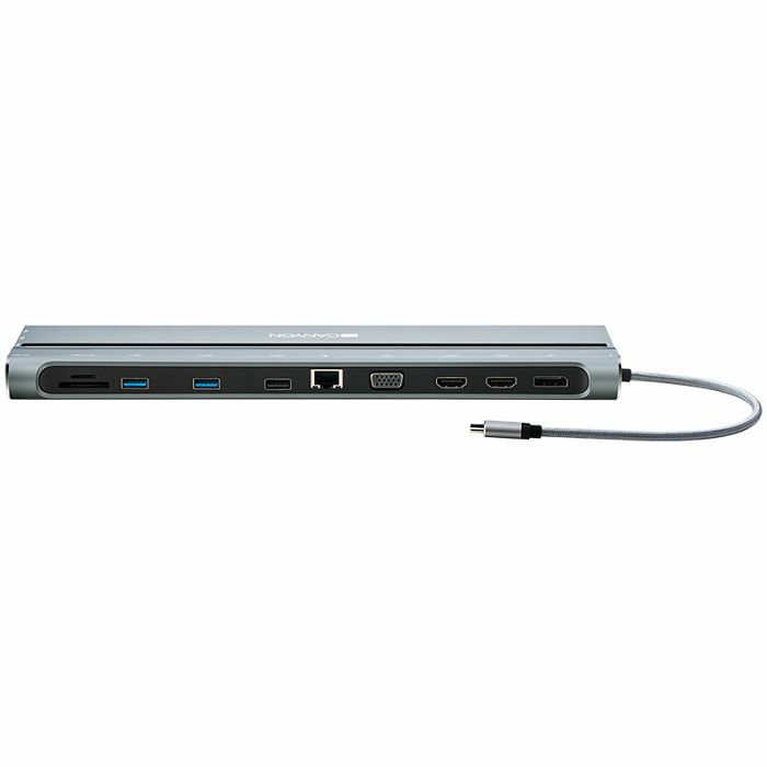 Canyon Multiport Docking Station with 14 ports: Type c data+Audio+Type C PD3.0 100W+SD+TF+2*USB3.0+USB2.0+RJ45+2*HDMI+VGA+DP+Lock, Input 100-240V, Output USB-C PD 5-20V/5A, cable length 0.20m, Space g