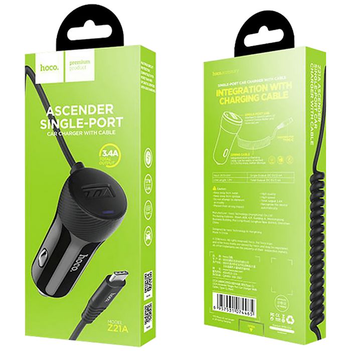 hoco. Auto punjač sa micro USB kabelom, 1 x USB,  2.4 A max. - Z21A Ascender single USB 