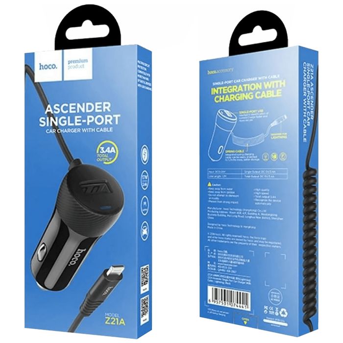 hoco. Auto punjač za Lightning kabelom,  1 x USB, 2.4 A max. - Z21A Ascender Lightning