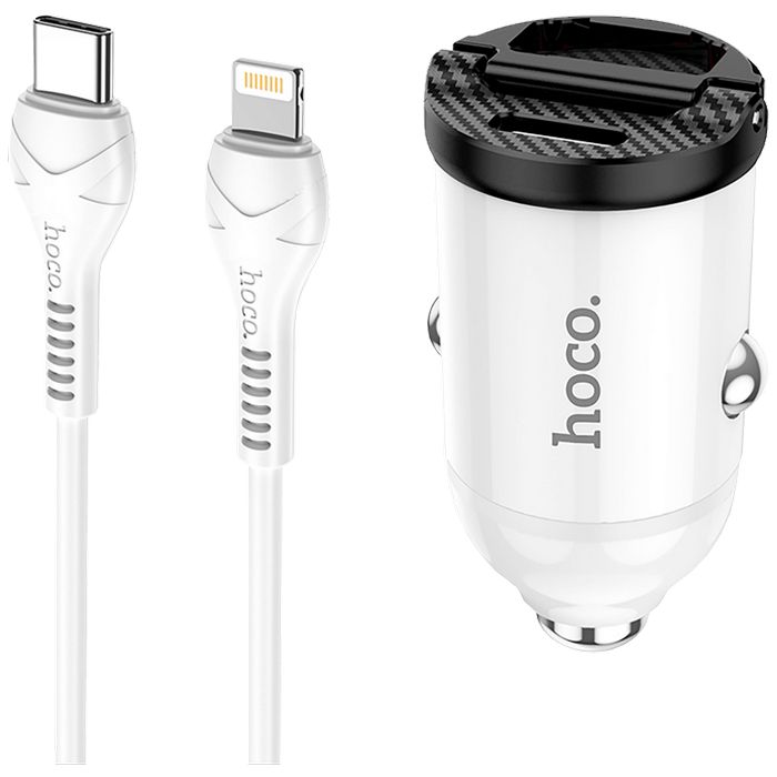 hoco. Auto punjač sa Lightning kabelom, PD + QC3.0, 2 x USB, 4.8 A - NZ2 Link, type C-Lightning, White