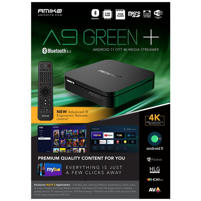 Amiko Prijemnik IPTV, Android OS, 2/16GB, 4K, WiFi, Bluetooth - A9 Green+