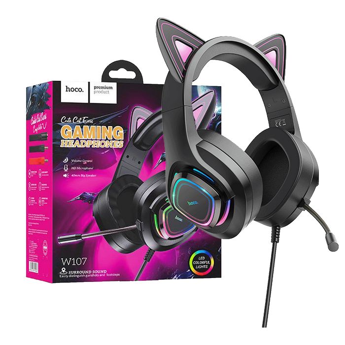 hoco. Slušalice sa mikrofonom, gaming, USB/3.5 mm, LED - W107 Cute Cat Black/Pink