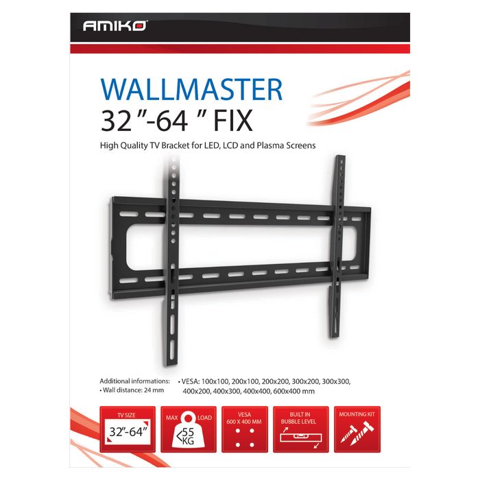 Amiko Nosač zidni za TV prijemnik 32" - 64", 55 kg, 1D - Wallmaster 32-64 FIX