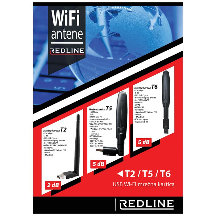 REDLINE Wi-Fi mrežna kartica, USB, 2.4 GHz, 5 dB, 150 Mbps, RT7601 - T5 WiFi antena