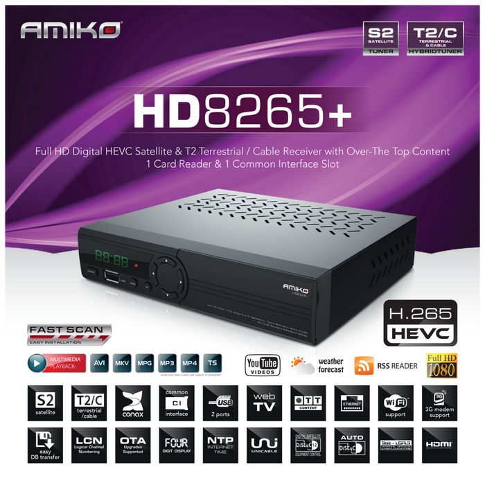 Amiko Prijemnik DVB-S2+T2/C, HEVC, Stalker, FullHD, CX, CI+ - HD-8265+