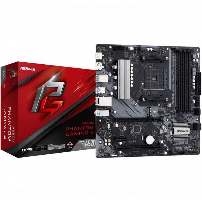 ASRock A520M Phantom Gaming 4 Mainboard - A520-Chipsatz, Sockel AM4, DDR4-90-MXBEK0-A0UAYZ