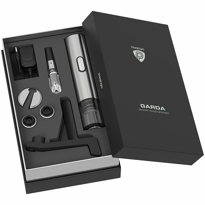 Prestigio Garda, smart wine opener, simple operation with 2 buttons, aerator, vacuum stopper preserver, foil cutter, opens up to 50 bottles wihout recharging, premium design, 500mAh battery, Dimension