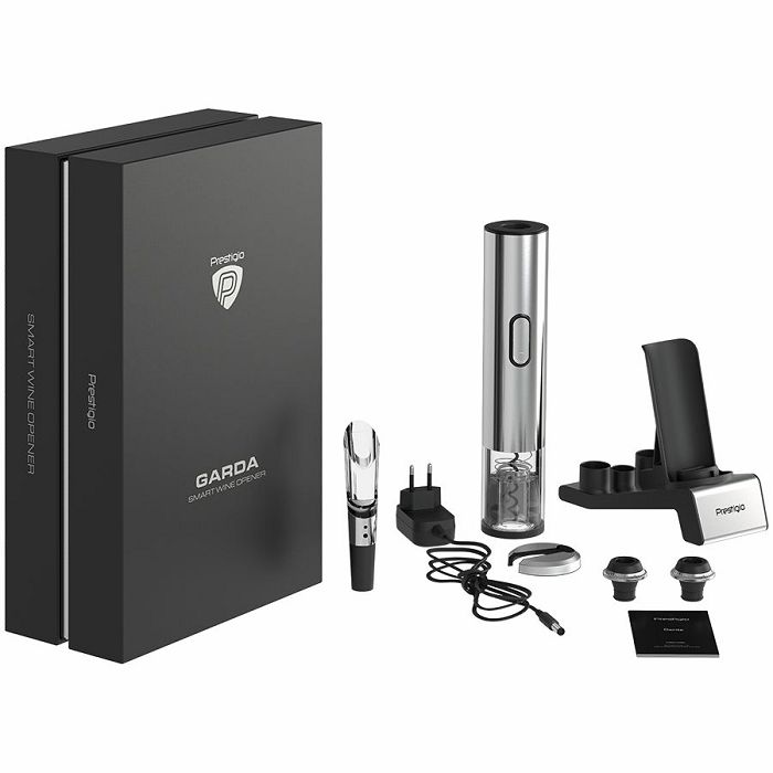 Prestigio Garda, smart wine opener, simple operation with 2 buttons, aerator, vacuum stopper preserver, foil cutter, opens up to 50 bottles wihout recharging, premium design, 500mAh battery, Dimension