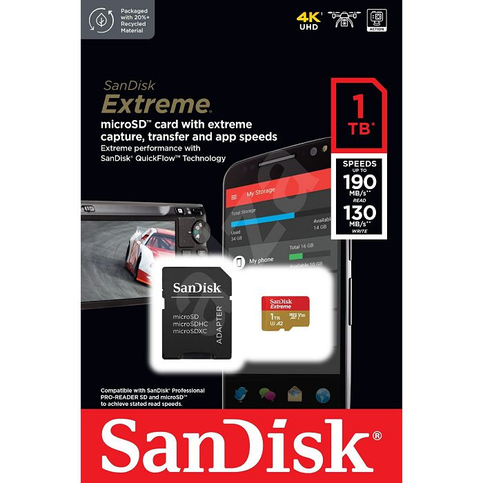 SanDisk Extreme microSDXC 1TB + SD Adapter up to 190MB/s &amp; 130MB/s A2 C10 V30 UHS-I U3