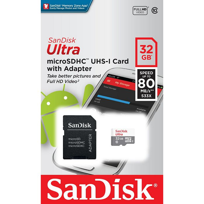 SanDisk 32GB Ultra microSDHC + SD Adapter 100MB / s Class 10 UHS-I