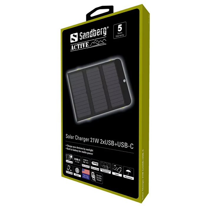 Sandberg solar panel - charger 21W 2xUSB+USB-C with built-in 10,000 mAh battery