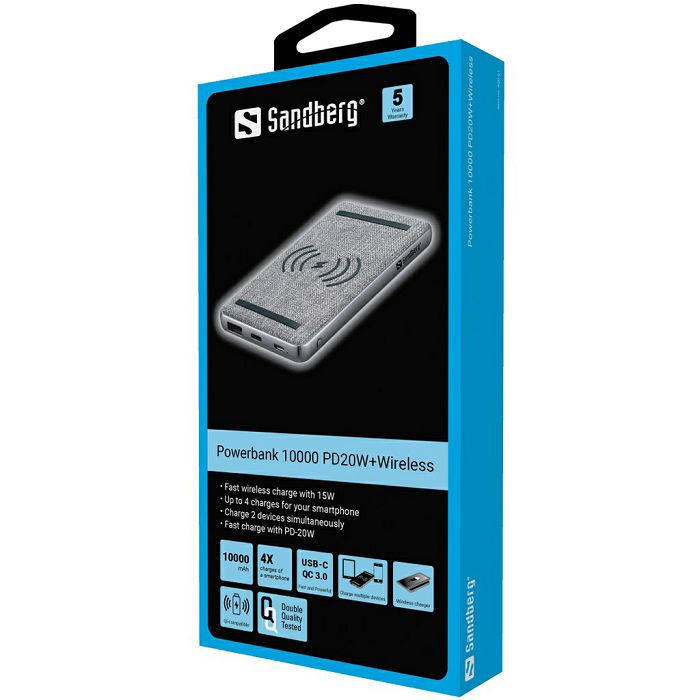 Sandberg Powerbank 10000 mAh PD 20W + QI Wireless portable battery