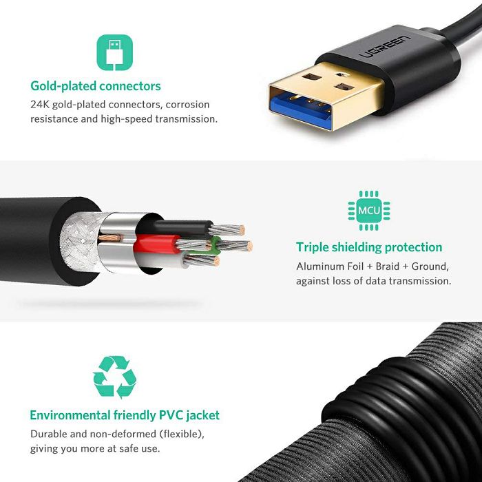 Ugreen USB 3.0 cable (M to M) black 1 m - polybag