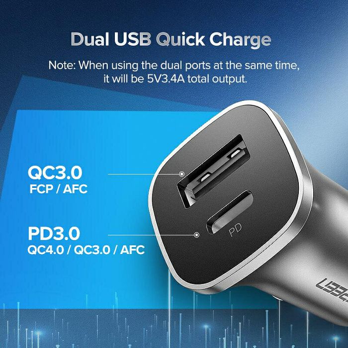 Ugreen car charger USB + USB-C PD 18W gray - box