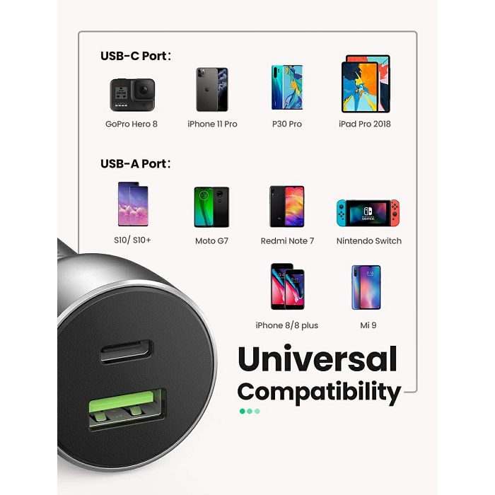 Ugreen car charger USB + USB-C PD 36W gray - box