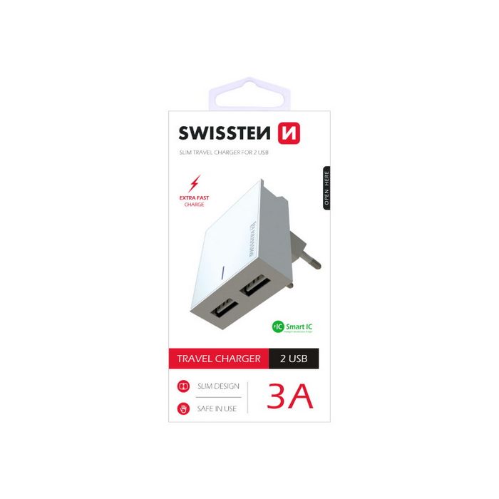 SWISSTEN punjač za AC220, 2xUSB, 3.1A, SMART IC, držač, bijeli