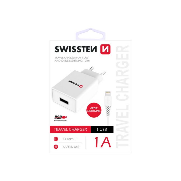 SWISSTEN punjač za AC220, 1xUSB, 1A, bijeli + LIGHTNING kabel