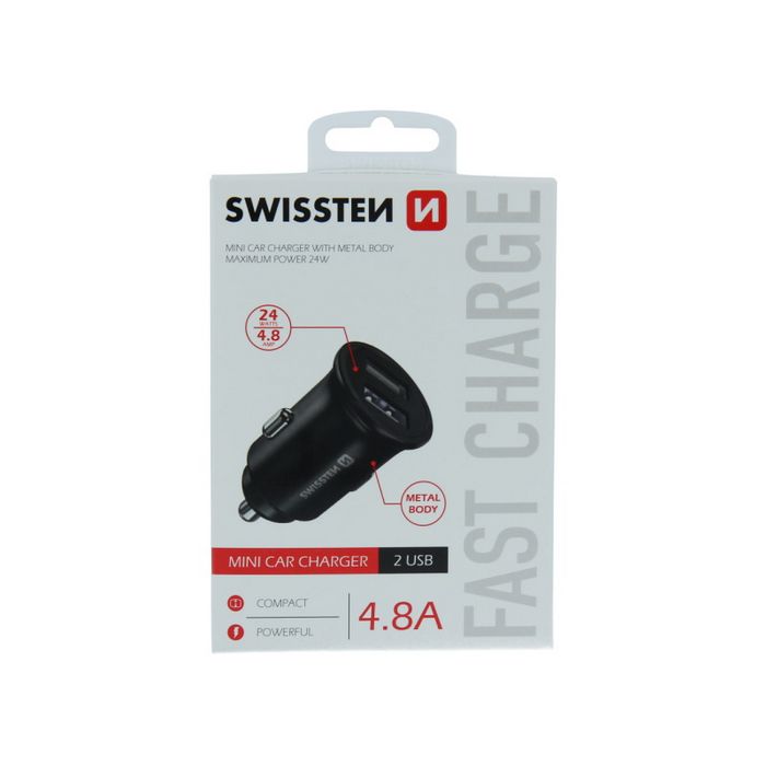 SWISSTEN punjač za auto, 2xUSB, 4.8A, 12-24V, metalic, crni